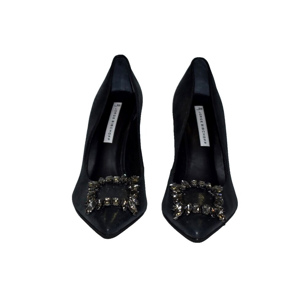 Jorge Bischoff Black Jeweled Pumps Size 37 Pointed Toe Stiletto Heels Elegant
